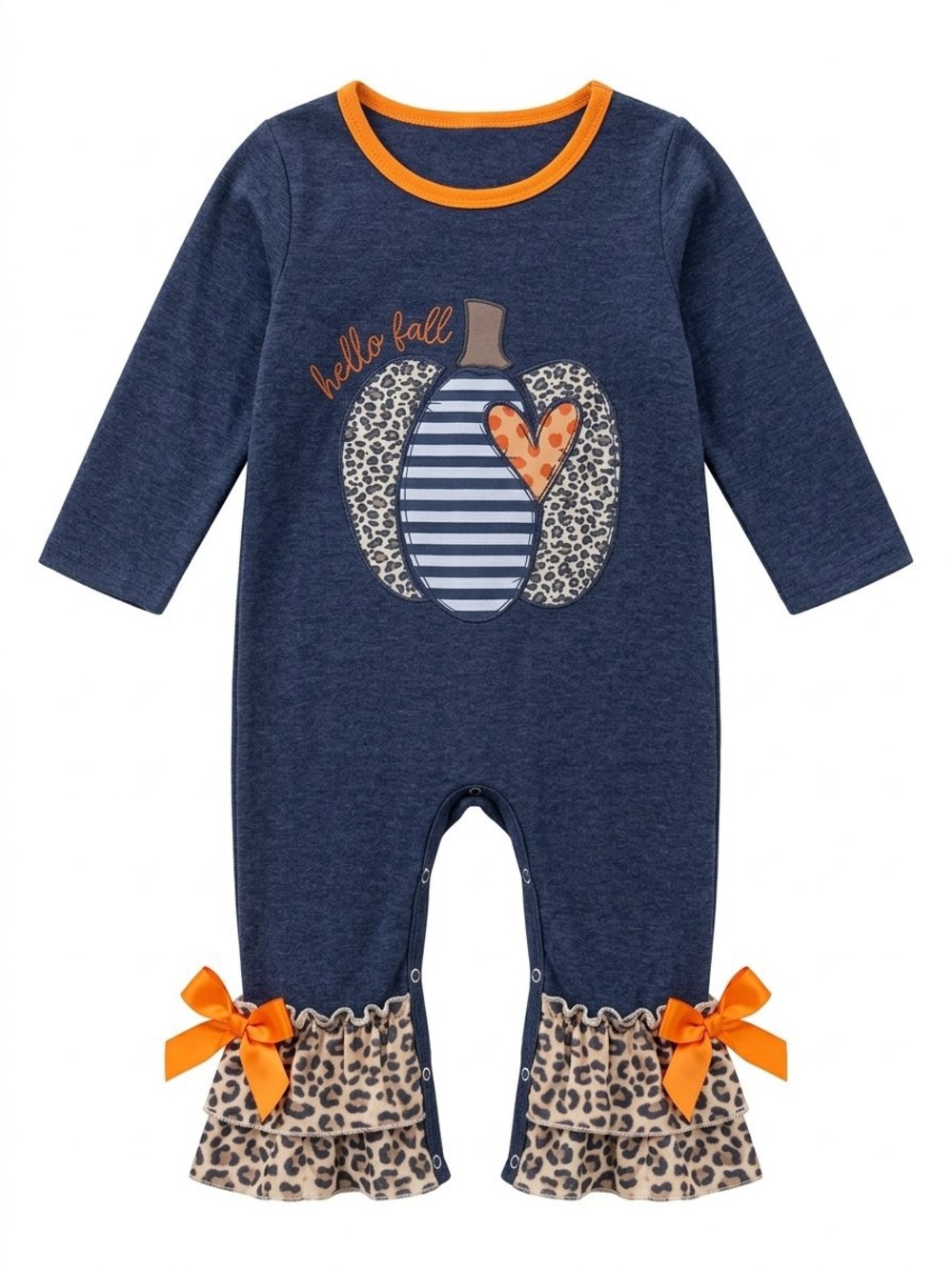 Hello Fall Navy Pumpkin Ruffle Baby One-Piece with Orange Trim